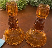 Two 6" amber Moon & Stars taper candle holders