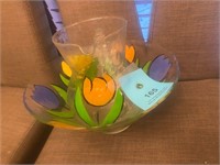 Tulip painted glass pitcher and bowl