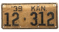 Antique 1939 Kansas License Plate