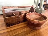 Vintage Wood Tool Box & 9” Basket