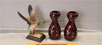 2 Porcelain Vases, Ceramic Duck Figurine.