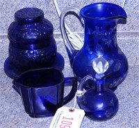 Lot #1090 - Cobalt to clear etched pitcher,