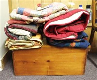 Lot #1133 - Pine blanket chest and Qty of Quilts
