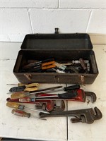 Vintage metal tool box and tools