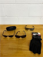 Leather sport gloves and sunglasses lot