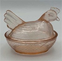 Pink depress. glass rooster candy dish