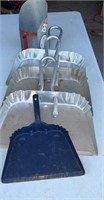 4 metal dustpans and grain scoop