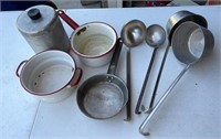 Kitchenwares graniteware, mess hall ladles, etc.