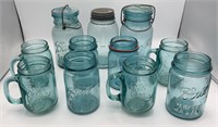 11 blue Ball mason, ideal, atlas jars/mugs