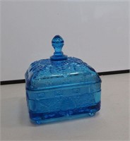 Vintage Honey Bee Pattern Blue Glass Covered Dish
