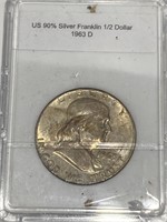 US coin 90% silver Franklin half dollar 1963D