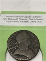 Early American colonial copper 1/2 cent penny