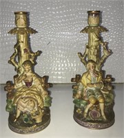 Pr Figural Bisque Porcelain Candle Holders