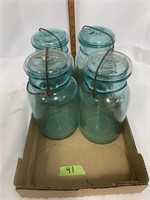 Flat (4) Blue Mason Jars Glass Lids