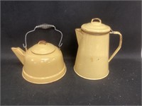 Yellow Enamel Ware Teapot and Coffee Pot