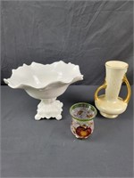 White Ceramic Pedistal Bowl, Vase & Glass Candle