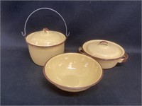 Yellow Enamel Ware Covered Bowls and Bowl