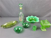 Green Glass Decater, Candy Dish & Bowls