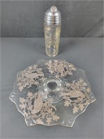Glass Platter w/Silver Overlay & Cocktail Mixing