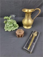 Ceramic Frogs, Brass Vase & Letter Opener & Brass