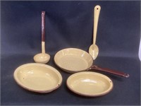 Yellow Enamel Ware Bowls and Utensils