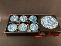 6 Contemporary  Blue Granite Ware Mugs & Saucers
