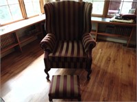 Striped Queen Anne Wingback Chair & Stool