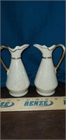 Pair of Irridescent White Vase vintage Gold Trim