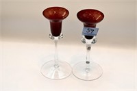 PAIR RUBY TO CLEAR CANDLESTICKS