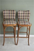 PAIR OAK COUNTER STOOLS WITH FABRIC SEATS
