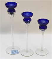 3 COBALT TO CLEAR CANDLEHOLDERS