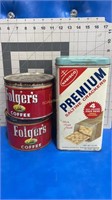 2 Folgers and 1 cracker tins