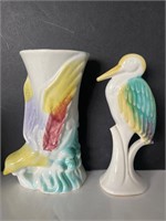 Vintage bird Pottery wall pocket and statue