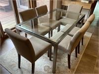 Crate and Barrel glass/metal dining table and 6