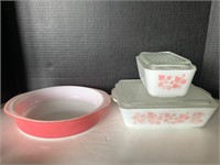 Pink and white Pyrex dishes