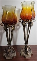 Pair of glass shade metal candle holders