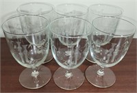 Set of 6 bamboo style etched stemmed glasses
