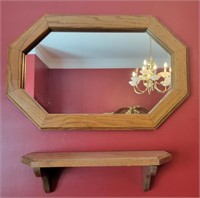 Oak wood mirror and wall shelf