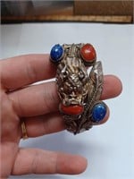 Ornate Silvertone Dragon Bracelet w/ Orange and