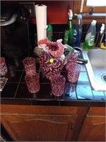 Cranberry pitcher and 5 glasses
