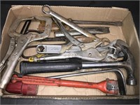Assortment of older wrenches, pliers, tin snips,