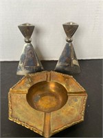Vintage copper ashtray & silvertone candle stick