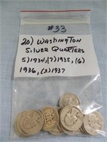 (20) Washington Silver Quarters, (5) 1934, (7) 35,
