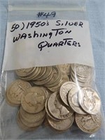 (50) 1950's Silver Washington Quarters