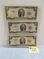 (3) 1963 Ser. $2 U.S. Notes, Red Seals, Nice