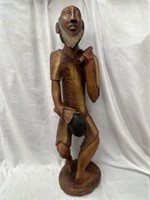 CARVED WOOD TRIBAL FISHERMAN STATUE 25 X 8