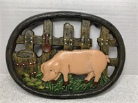 ORNATE FARMHOUSE CAST IRON PIG TRIVET  5 3/4T X 7