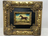 ORNATE FRAMED HORSE OIL PAINTING ON BOARD  7 7/8T