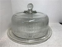 VINTAGE HEAVY RIBBED GLASS CAKE DOME AND PLATTER