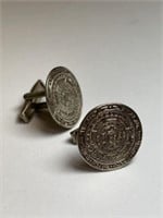 STERLING SILVER AZTEC CALENDAR SIGNED CUFF LINKS